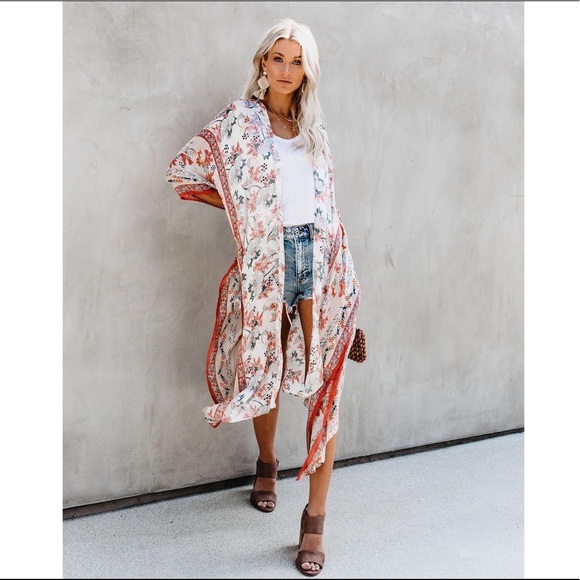 Picnic Date Tangerine & Sage Floral Kimono Top - Picture 10 of 15